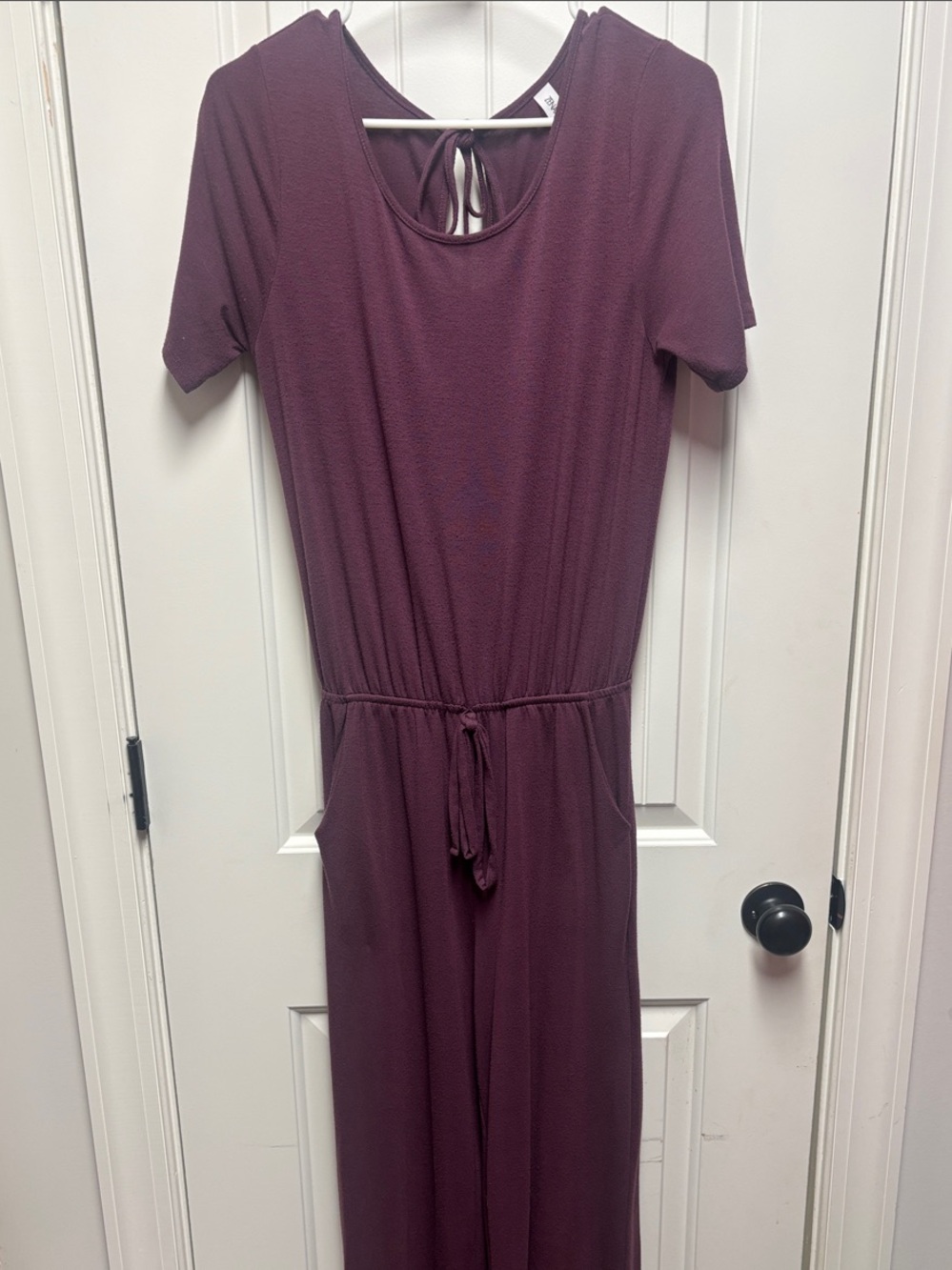 Zenana Outfitters Plum Short-Sleeve Maxi Jumpsuit with Tie Waist Detail